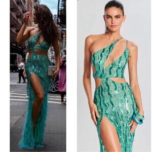 RETROFETE Vice Sequin Feather Embellishes One Shoulder Cutout Maxi Dress Size M